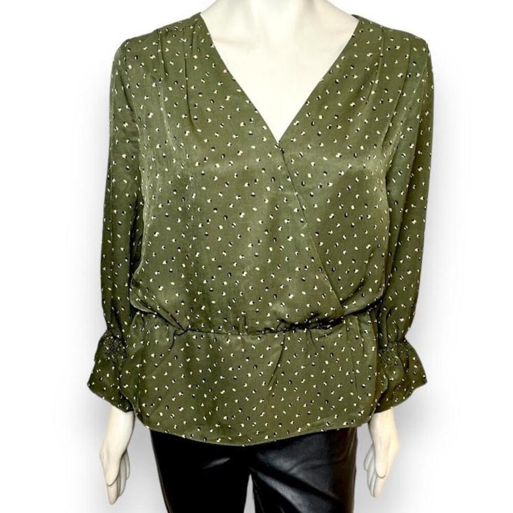OAT Green Printed V-Neck Long Sleeves Faux Wrap Blouse NWT Size Large